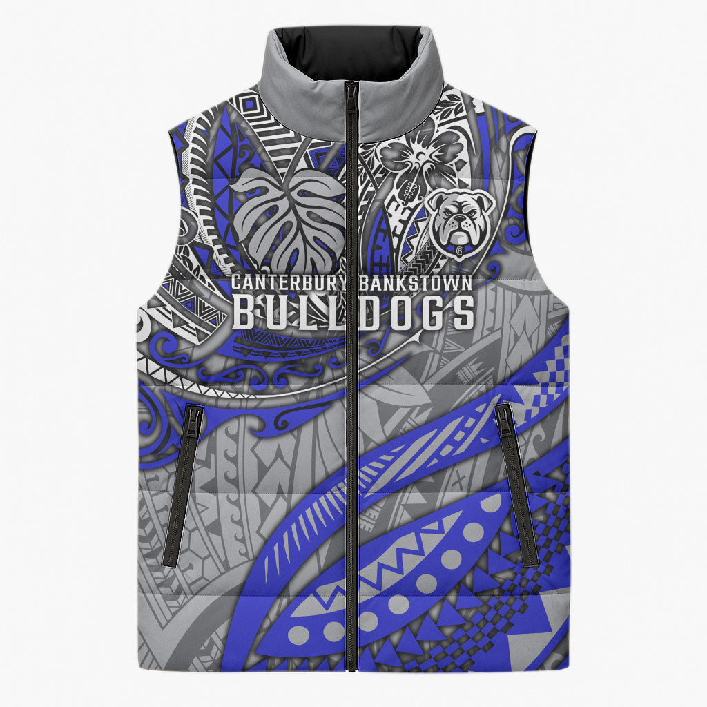 Personalised Canterbury-Bankstown Bulldogs Sleeveless Puffer Jacket Polynesian Tribal Art Style With Powerful Bulldog Mascot