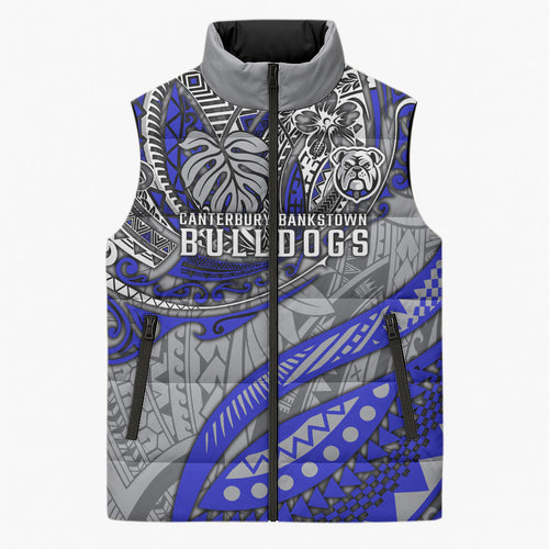 Personalised Canterbury-Bankstown Bulldogs Sleeveless Puffer Jacket Polynesian Tribal Art Style With Powerful Bulldog Mascot