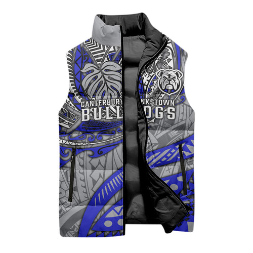 Personalised Canterbury-Bankstown Bulldogs Sleeveless Puffer Jacket Polynesian Tribal Art Style With Powerful Bulldog Mascot