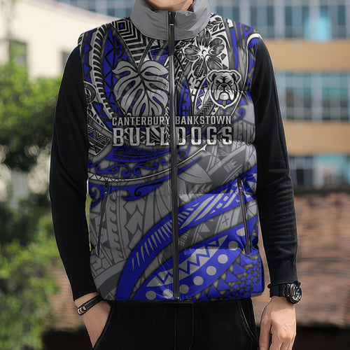 Personalised Canterbury-Bankstown Bulldogs Sleeveless Puffer Jacket Polynesian Tribal Art Style With Powerful Bulldog Mascot
