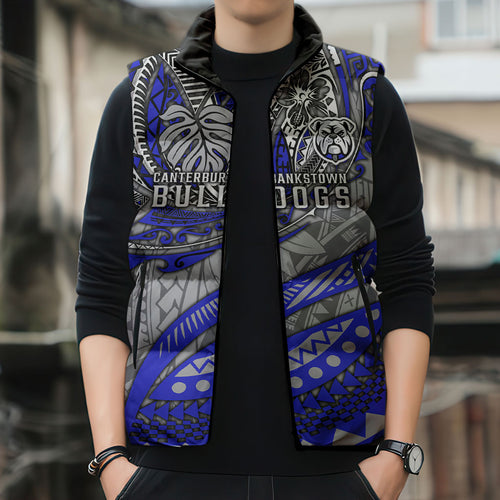 Personalised Canterbury-Bankstown Bulldogs Sleeveless Puffer Jacket Polynesian Tribal Art Style With Powerful Bulldog Mascot