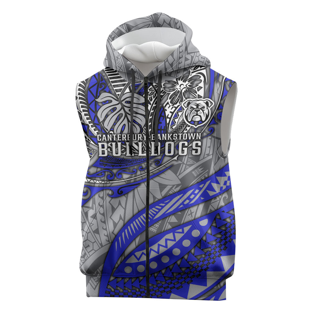 Personalised Canterbury-Bankstown Bulldogs Sleeveless Zip Hoodie Polynesian Tribal Art Style With Powerful Bulldog Mascot