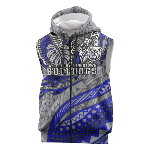 Personalised Canterbury-Bankstown Bulldogs Sleeveless Zip Hoodie Polynesian Tribal Art Style With Powerful Bulldog Mascot