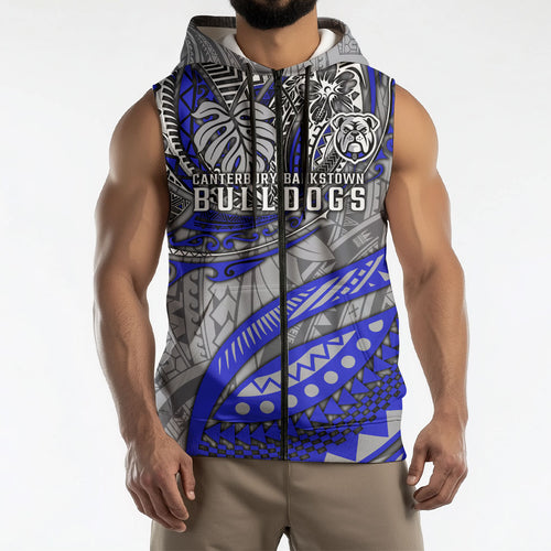 Personalised Canterbury-Bankstown Bulldogs Sleeveless Zip Hoodie Polynesian Tribal Art Style With Powerful Bulldog Mascot