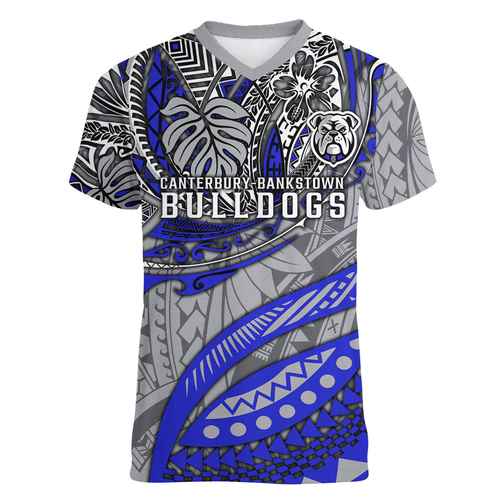 Personalised Canterbury-Bankstown Bulldogs Women V-Neck T-Shirt Polynesian Tribal Art Style With Powerful Bulldog Mascot