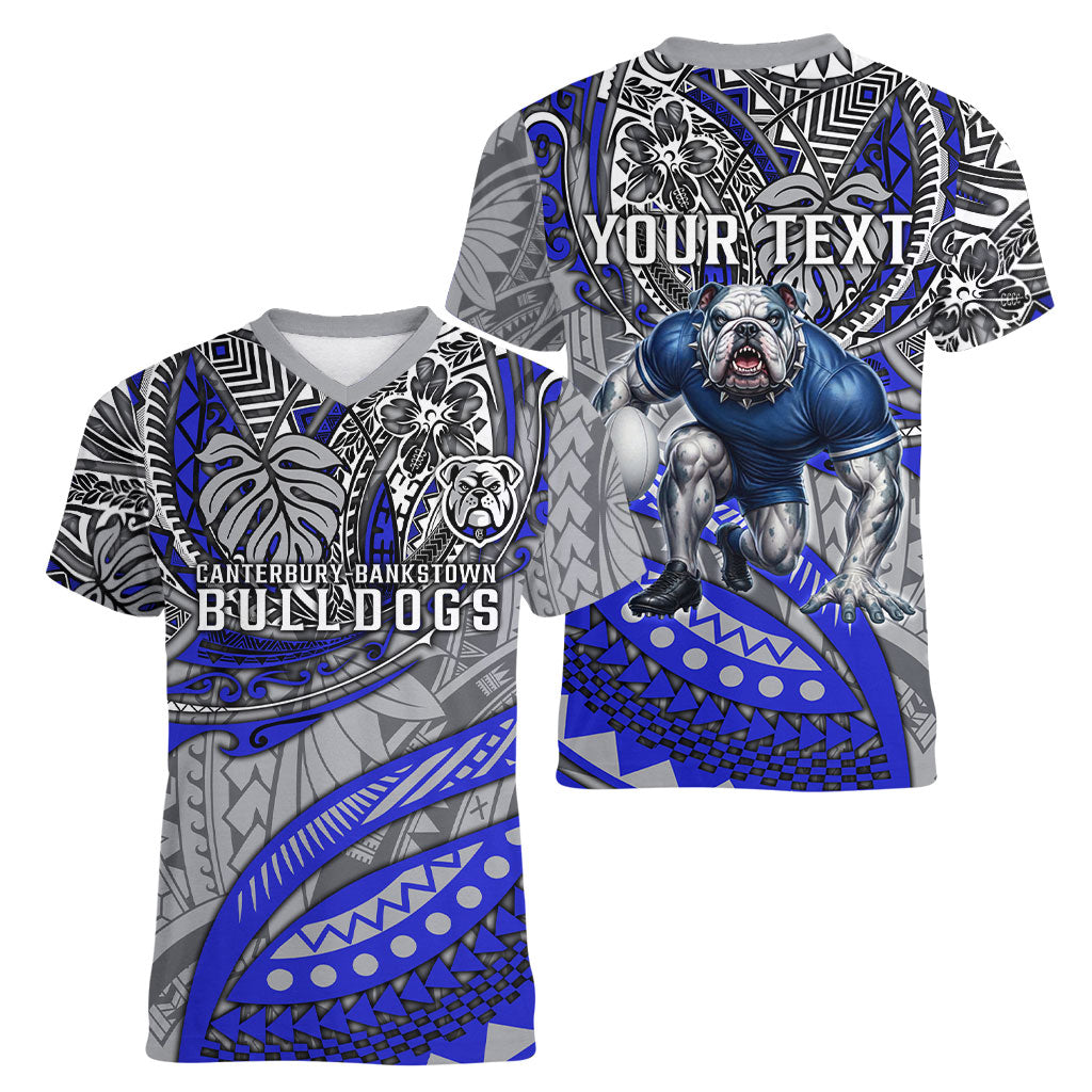 Personalised Canterbury-Bankstown Bulldogs Women V-Neck T-Shirt Polynesian Tribal Art Style With Powerful Bulldog Mascot