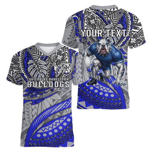 Personalised Canterbury-Bankstown Bulldogs Women V-Neck T-Shirt Polynesian Tribal Art Style With Powerful Bulldog Mascot