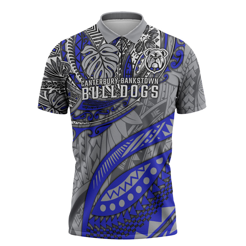 Personalised Canterbury-Bankstown Bulldogs Zipper Polo Shirt Polynesian Tribal Art Style With Powerful Bulldog Mascot