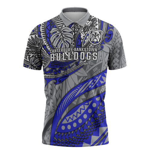 Personalised Canterbury-Bankstown Bulldogs Zipper Polo Shirt Polynesian Tribal Art Style With Powerful Bulldog Mascot