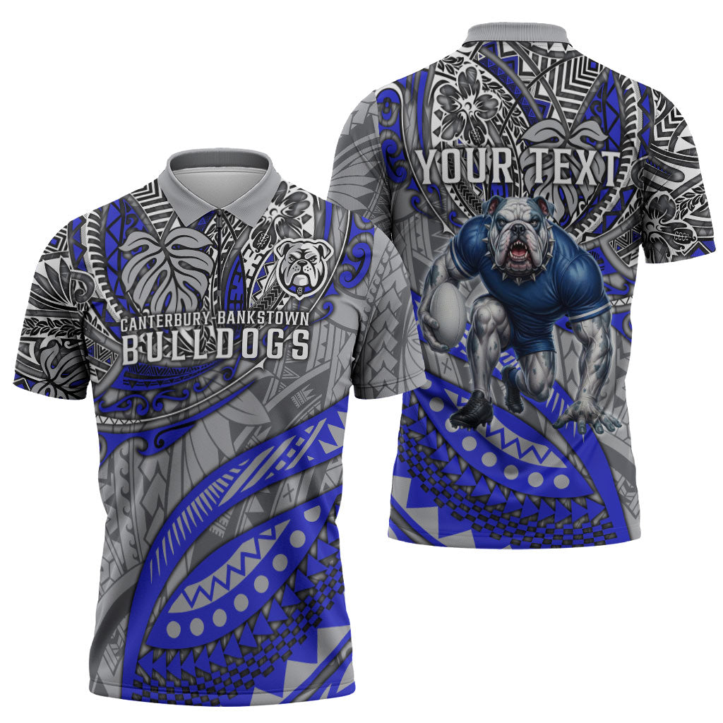 Personalised Canterbury-Bankstown Bulldogs Zipper Polo Shirt Polynesian Tribal Art Style With Powerful Bulldog Mascot