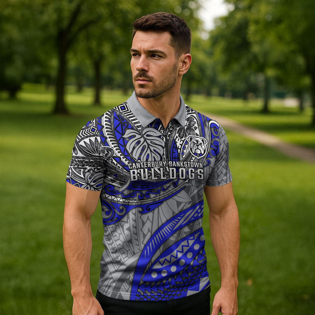 Personalised Canterbury-Bankstown Bulldogs Zipper Polo Shirt Polynesian Tribal Art Style With Powerful Bulldog Mascot