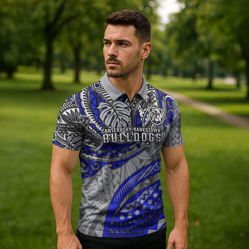 Personalised Canterbury-Bankstown Bulldogs Zipper Polo Shirt Polynesian Tribal Art Style With Powerful Bulldog Mascot