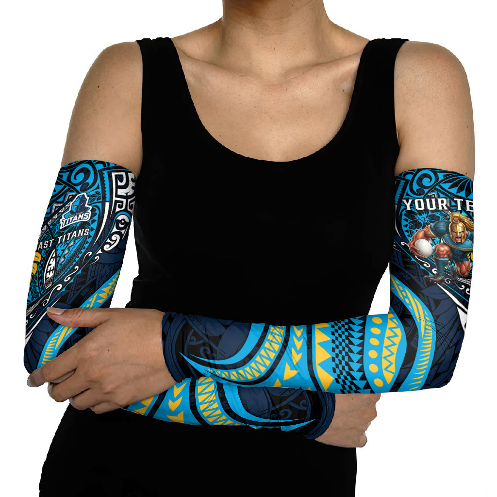 Personalised Gold Coast Titans Arm Sleeves Polynesian Tribal Art Style With Spartan Titan Mascot
