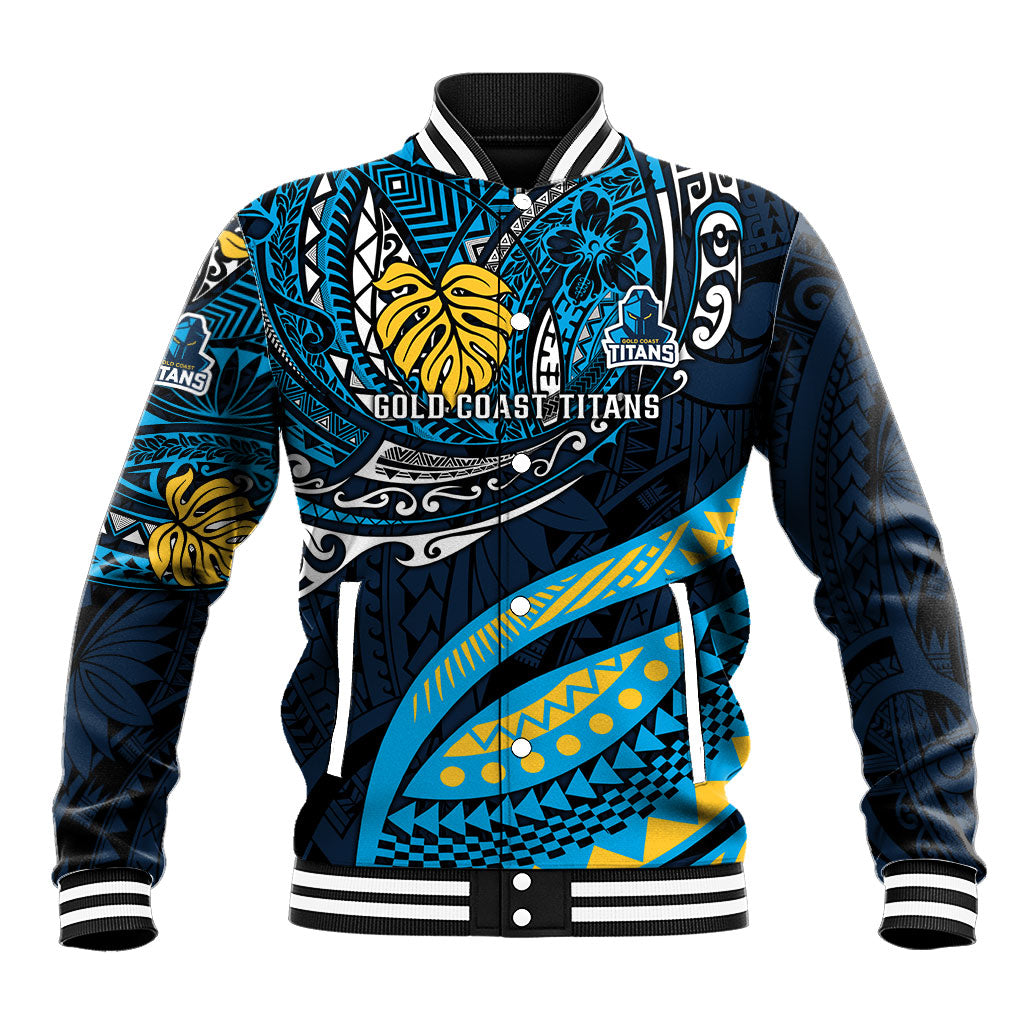 Personalised Gold Coast Titans Baseball Jacket Polynesian Tribal Art Style With Spartan Titan Mascot