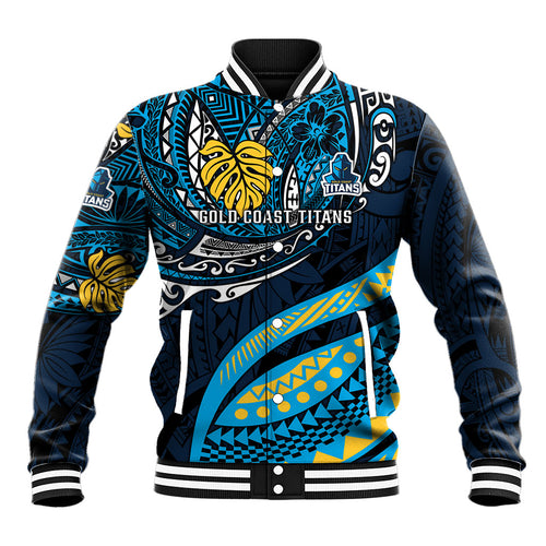 Personalised Gold Coast Titans Baseball Jacket Polynesian Tribal Art Style With Spartan Titan Mascot