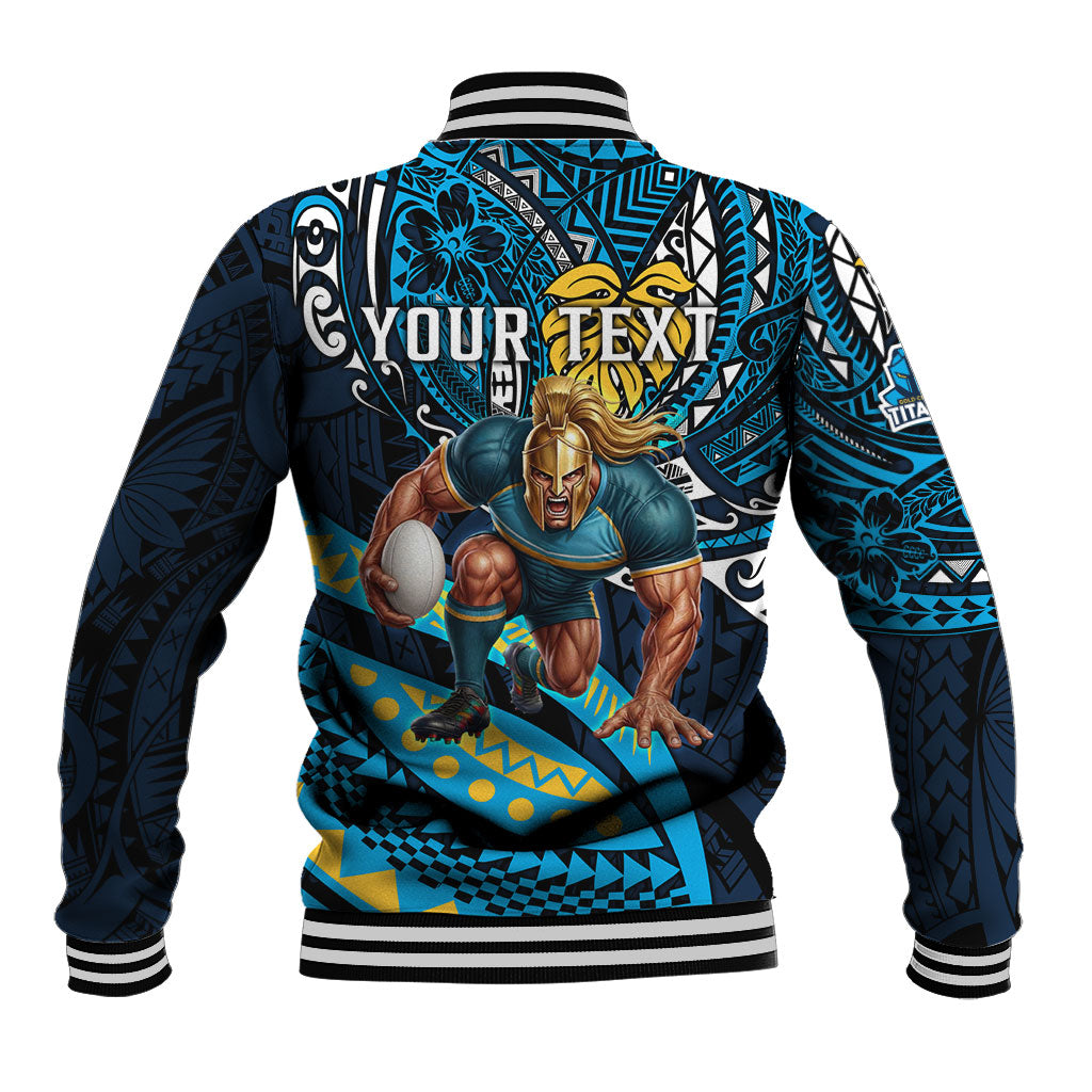 Personalised Gold Coast Titans Baseball Jacket Polynesian Tribal Art Style With Spartan Titan Mascot