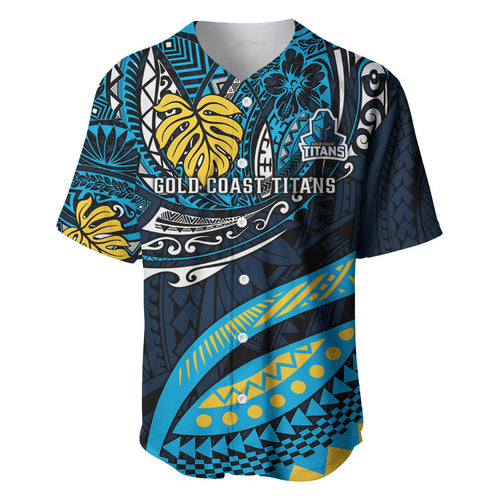 Personalised Gold Coast Titans Baseball Jersey Polynesian Tribal Art Style With Spartan Titan Mascot