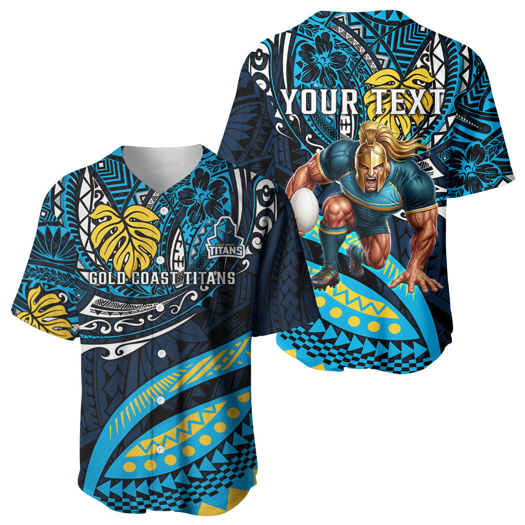 Personalised Gold Coast Titans Baseball Jersey Polynesian Tribal Art Style With Spartan Titan Mascot