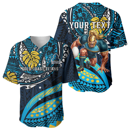 Personalised Gold Coast Titans Baseball Jersey Polynesian Tribal Art Style With Spartan Titan Mascot