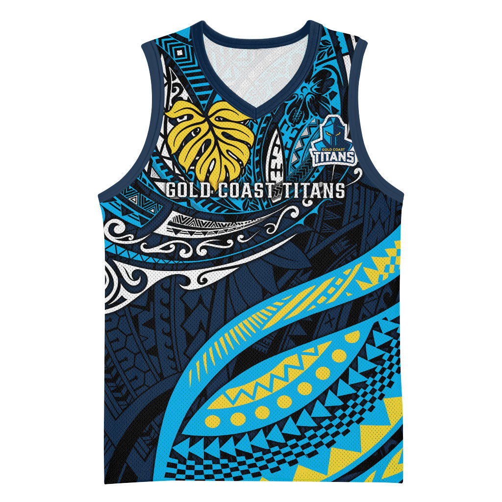 Personalised Gold Coast Titans Basketball Jersey Polynesian Tribal Art Style With Spartan Titan Mascot