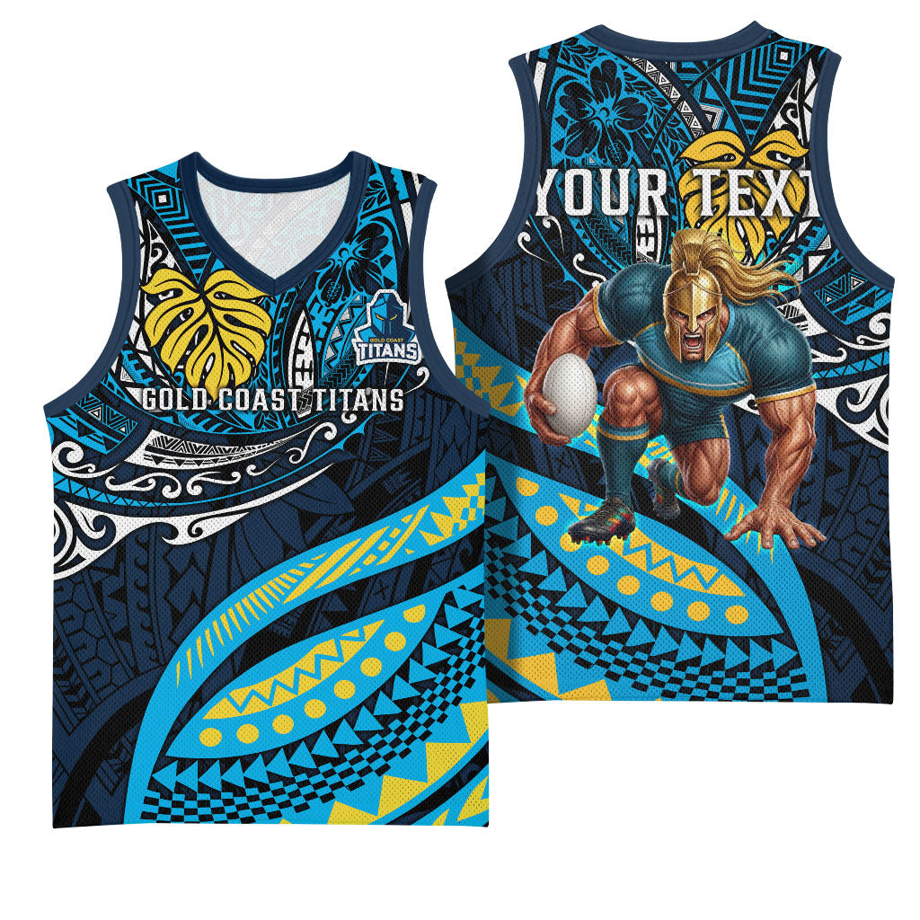 Personalised Gold Coast Titans Basketball Jersey Polynesian Tribal Art Style With Spartan Titan Mascot