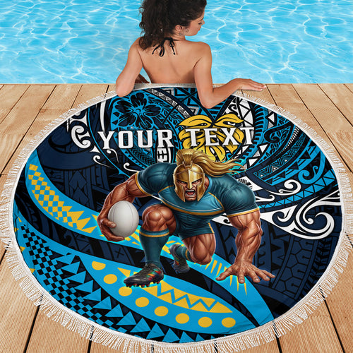 Personalised Gold Coast Titans Beach Blanket Polynesian Tribal Art Style With Spartan Titan Mascot