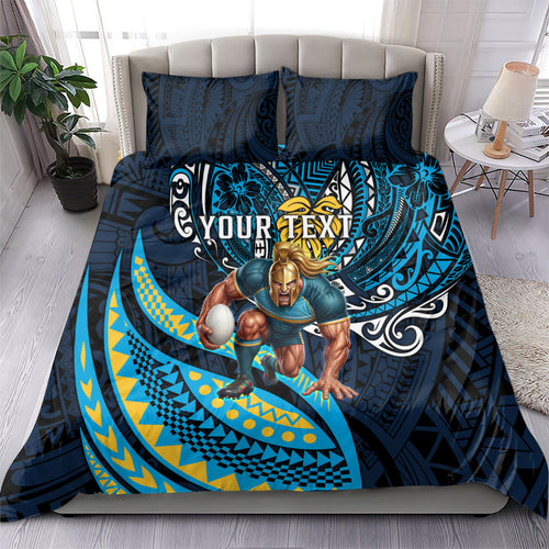 Personalised Gold Coast Titans Bedding Set Polynesian Tribal Art Style With Spartan Titan Mascot