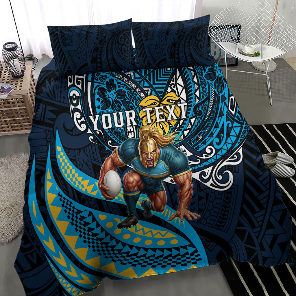 Personalised Gold Coast Titans Bedding Set Polynesian Tribal Art Style With Spartan Titan Mascot