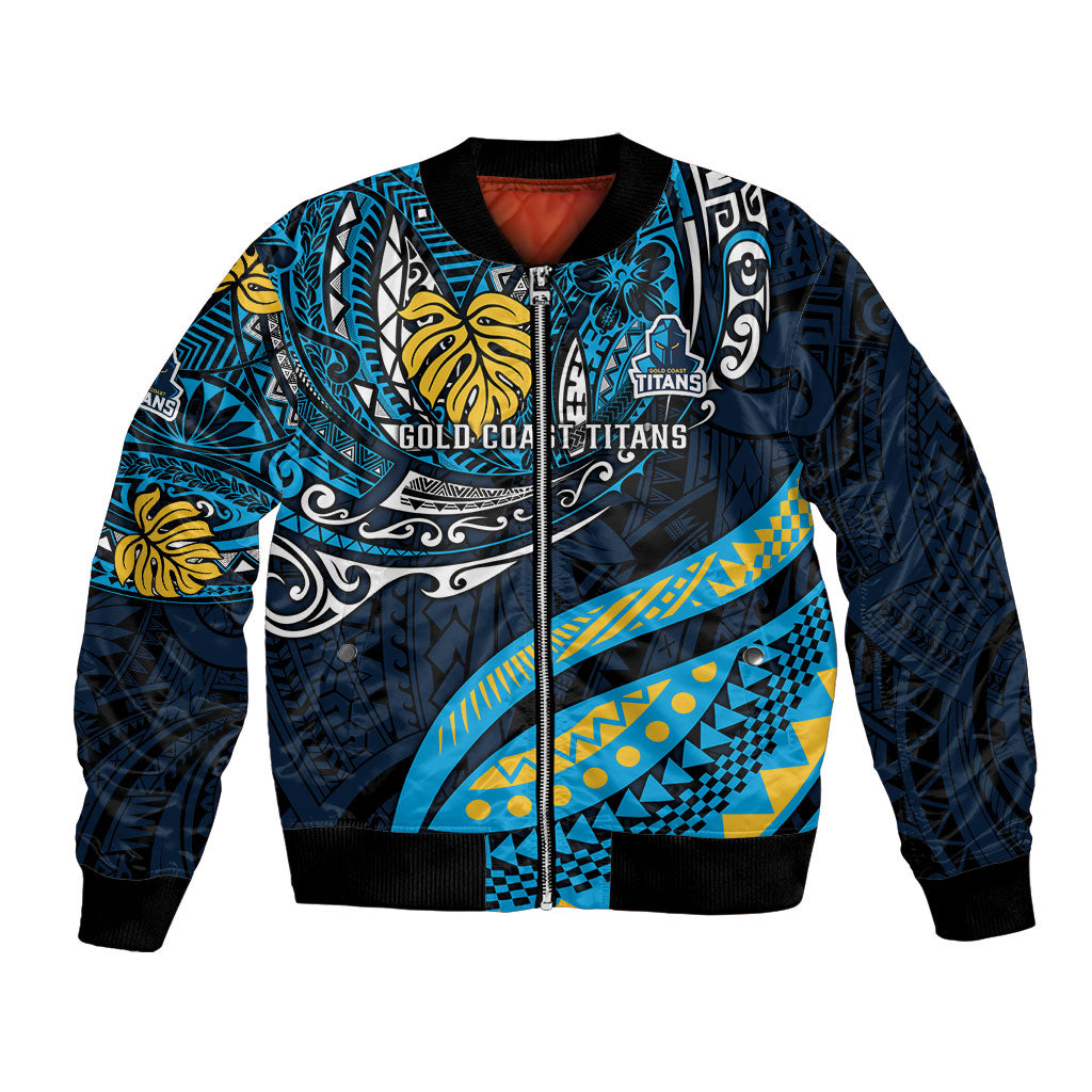 Personalised Gold Coast Titans Bomber Jacket Polynesian Tribal Art Style With Spartan Titan Mascot