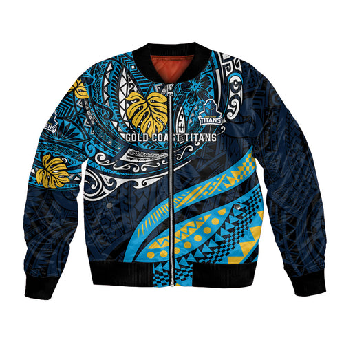 Personalised Gold Coast Titans Bomber Jacket Polynesian Tribal Art Style With Spartan Titan Mascot