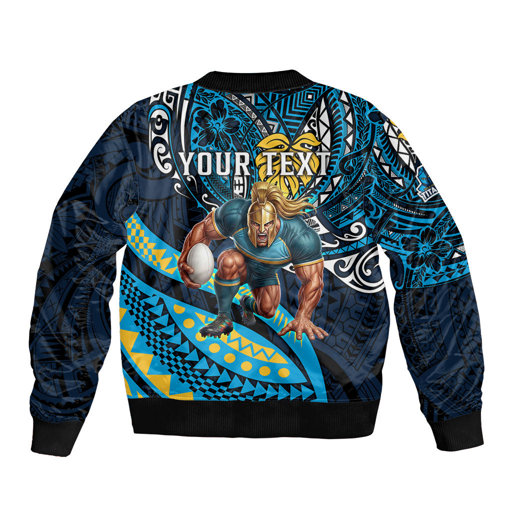 Personalised Gold Coast Titans Bomber Jacket Polynesian Tribal Art Style With Spartan Titan Mascot