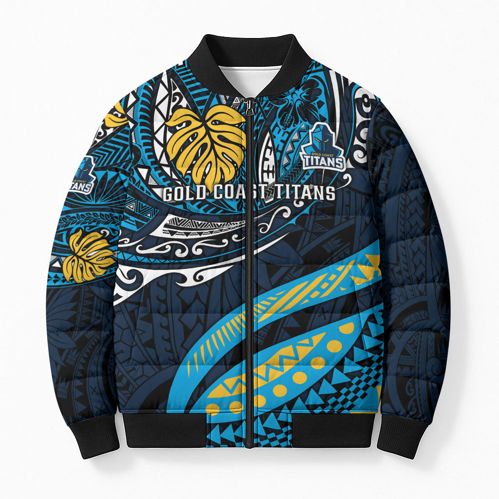 Personalised Gold Coast Titans Bomber Puffer Jacket Polynesian Tribal Art Style With Spartan Titan Mascot