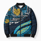 Personalised Gold Coast Titans Bomber Puffer Jacket Polynesian Tribal Art Style With Spartan Titan Mascot