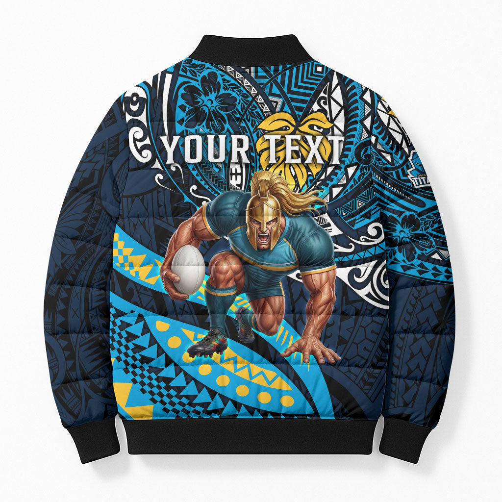 Personalised Gold Coast Titans Bomber Puffer Jacket Polynesian Tribal Art Style With Spartan Titan Mascot