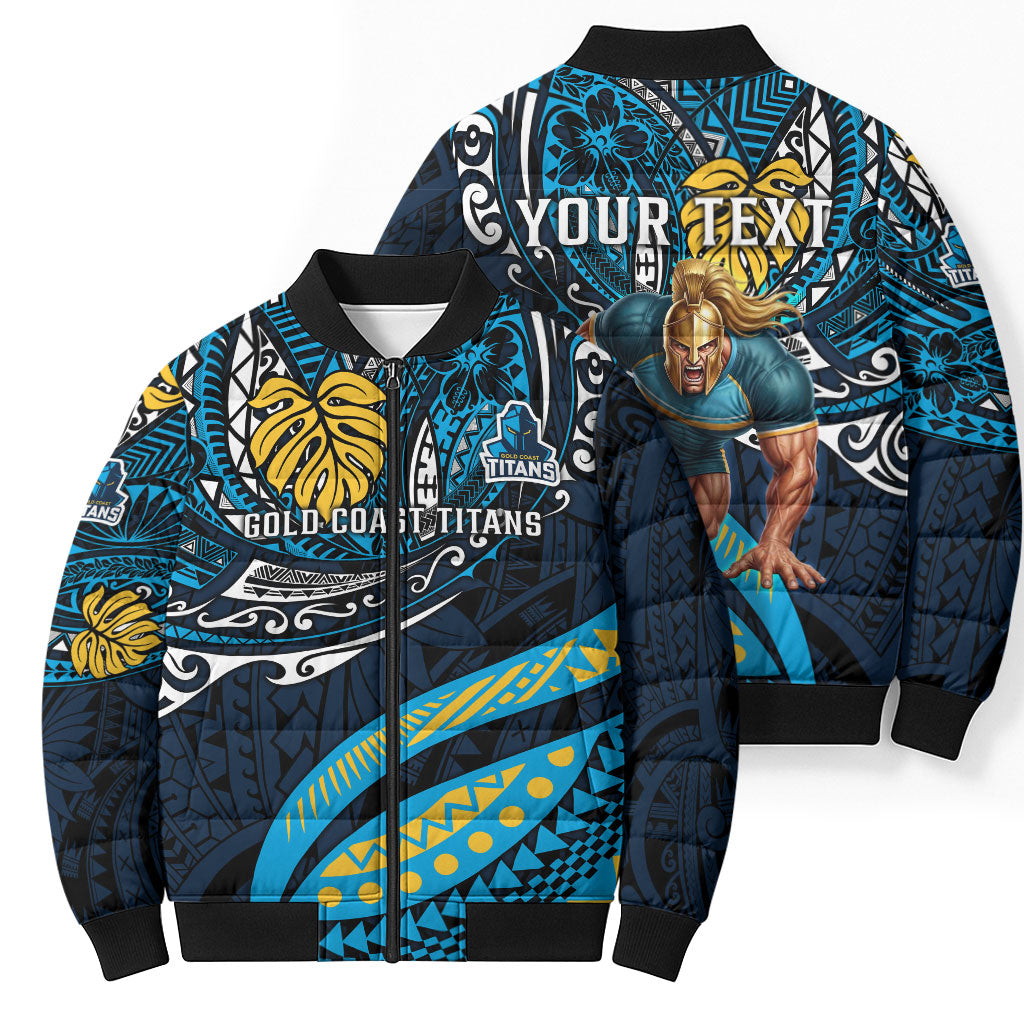 Personalised Gold Coast Titans Bomber Puffer Jacket Polynesian Tribal Art Style With Spartan Titan Mascot