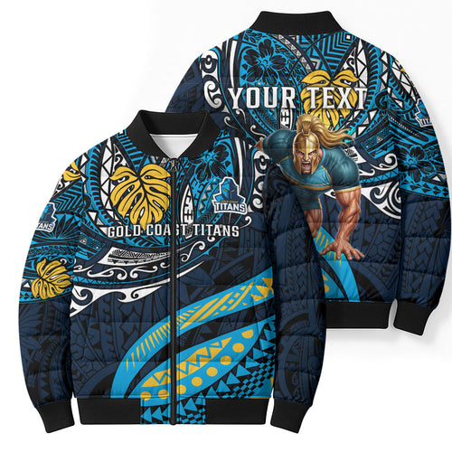 Personalised Gold Coast Titans Bomber Puffer Jacket Polynesian Tribal Art Style With Spartan Titan Mascot