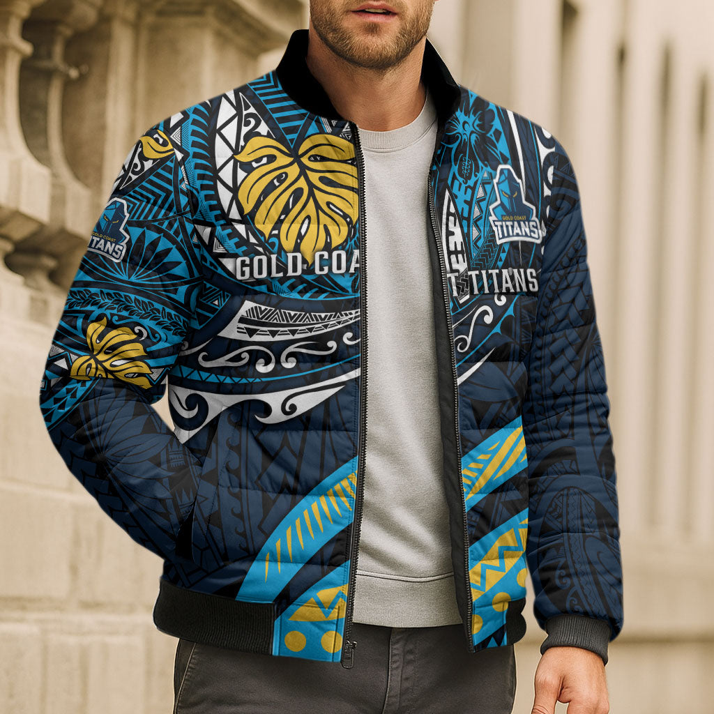 Personalised Gold Coast Titans Bomber Puffer Jacket Polynesian Tribal Art Style With Spartan Titan Mascot