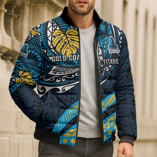 Personalised Gold Coast Titans Bomber Puffer Jacket Polynesian Tribal Art Style With Spartan Titan Mascot