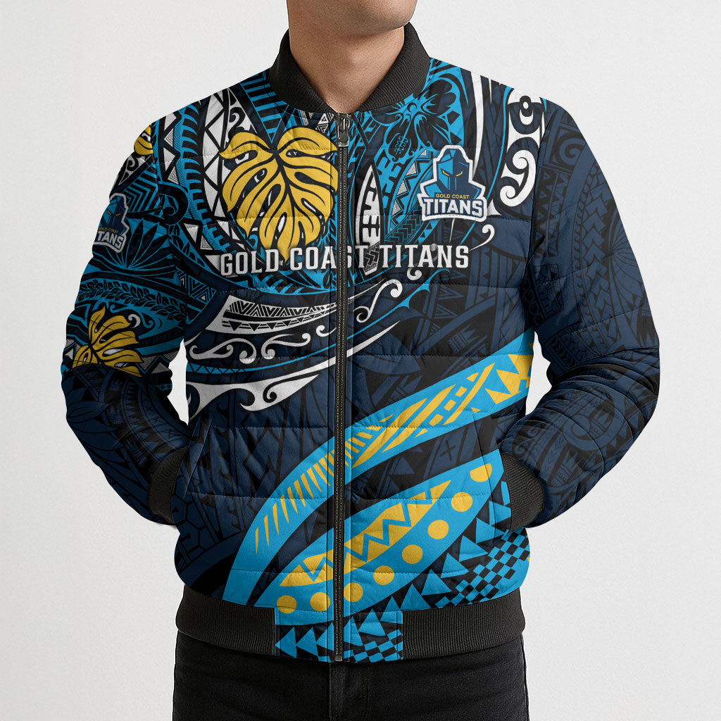 Personalised Gold Coast Titans Bomber Puffer Jacket Polynesian Tribal Art Style With Spartan Titan Mascot