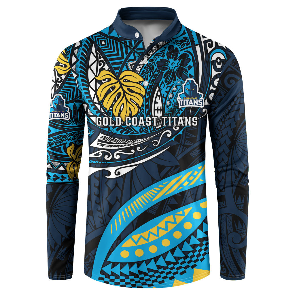 Personalised Gold Coast Titans Button Sweatshirt Polynesian Tribal Art Style With Spartan Titan Mascot