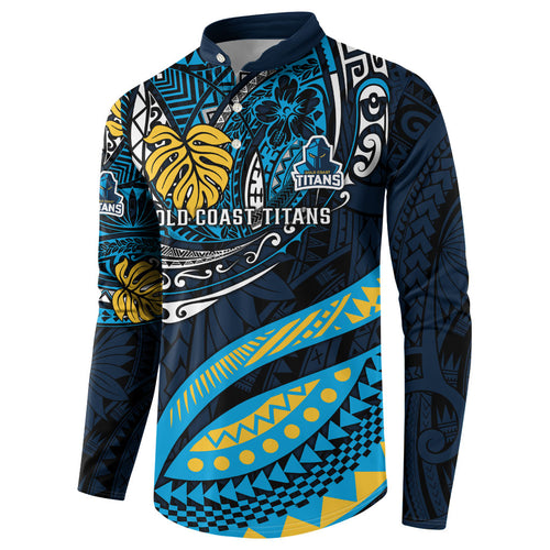 Personalised Gold Coast Titans Button Sweatshirt Polynesian Tribal Art Style With Spartan Titan Mascot