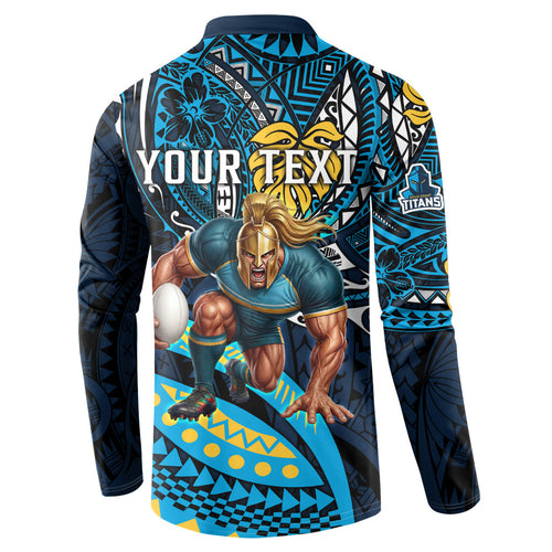 Personalised Gold Coast Titans Button Sweatshirt Polynesian Tribal Art Style With Spartan Titan Mascot