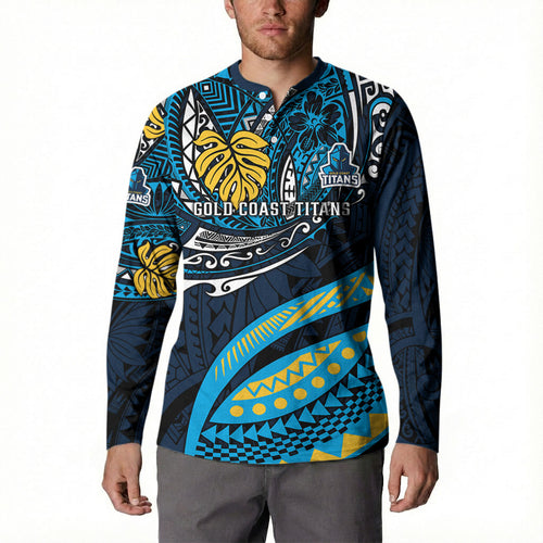 Personalised Gold Coast Titans Button Sweatshirt Polynesian Tribal Art Style With Spartan Titan Mascot