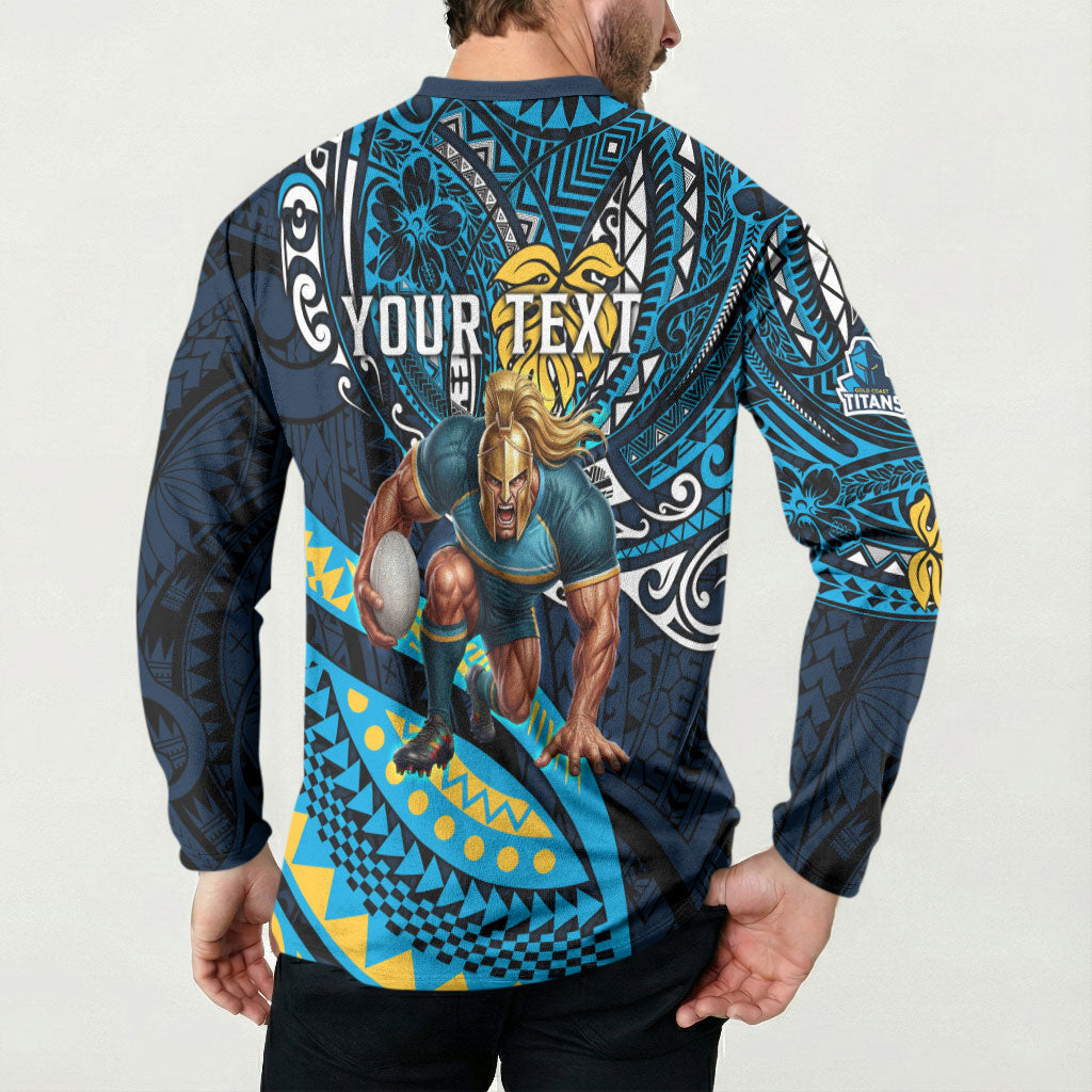 Personalised Gold Coast Titans Button Sweatshirt Polynesian Tribal Art Style With Spartan Titan Mascot