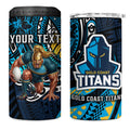 Personalised Gold Coast Titans 4 in 1 Can Cooler Tumbler Polynesian Tribal Art Style With Spartan Titan Mascot