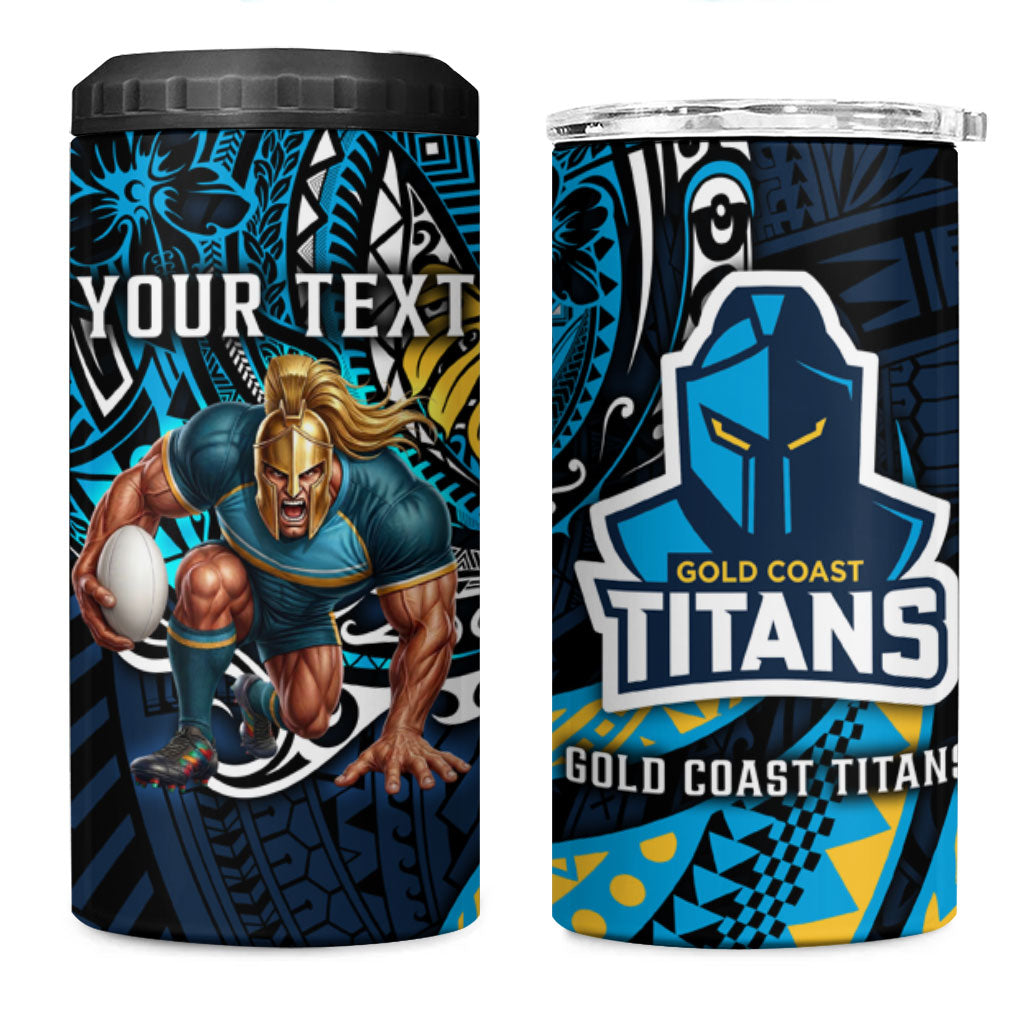 Personalised Gold Coast Titans 4 in 1 Can Cooler Tumbler Polynesian Tribal Art Style With Spartan Titan Mascot