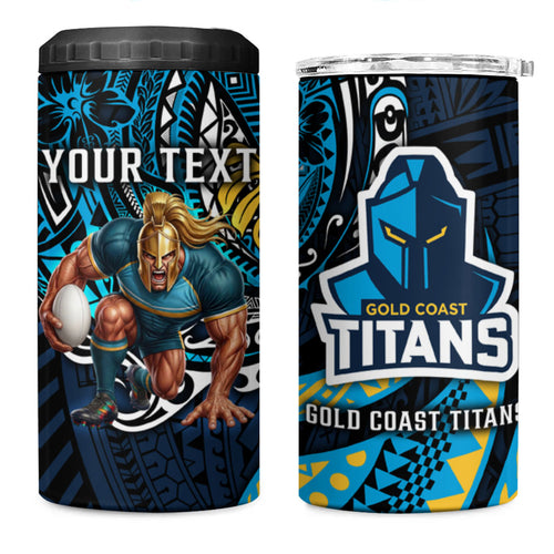 Personalised Gold Coast Titans 4 in 1 Can Cooler Tumbler Polynesian Tribal Art Style With Spartan Titan Mascot