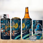 Personalised Gold Coast Titans 4 in 1 Can Cooler Tumbler Polynesian Tribal Art Style With Spartan Titan Mascot
