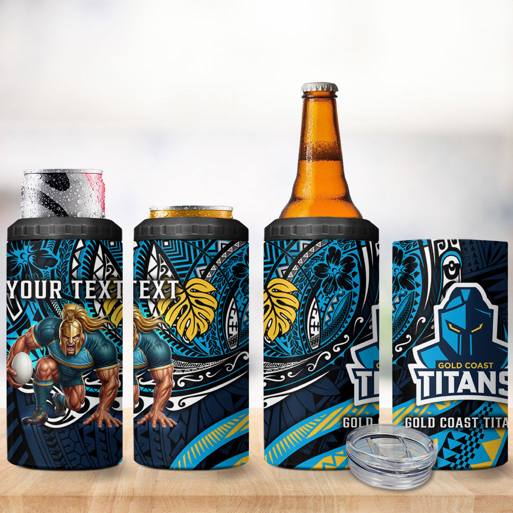 Personalised Gold Coast Titans 4 in 1 Can Cooler Tumbler Polynesian Tribal Art Style With Spartan Titan Mascot