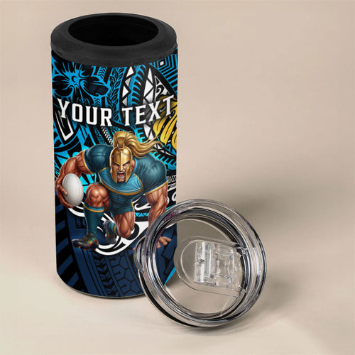 Personalised Gold Coast Titans 4 in 1 Can Cooler Tumbler Polynesian Tribal Art Style With Spartan Titan Mascot